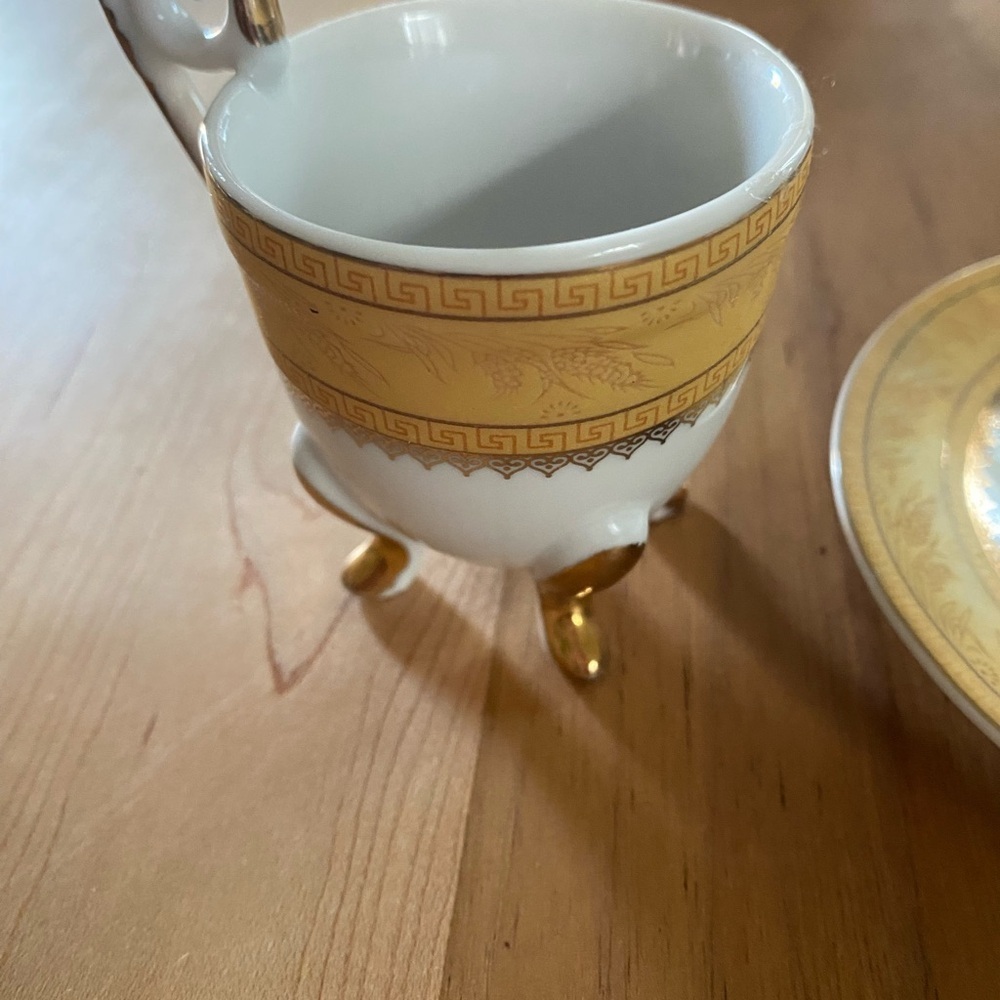 Vintage Porcelain Demitasse Elegant Gold White Footed Mini Teacup Saucer Set - Picture 3 of 15